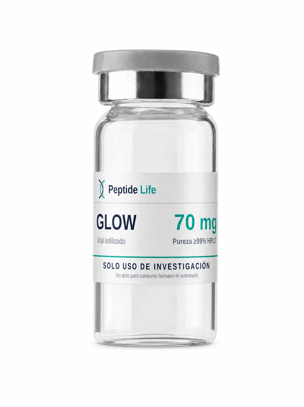 Lyophilized vial 70 mg of GLOW 70 mg — multi-component blend formulated for research on dermal renewal and extracellular matrix