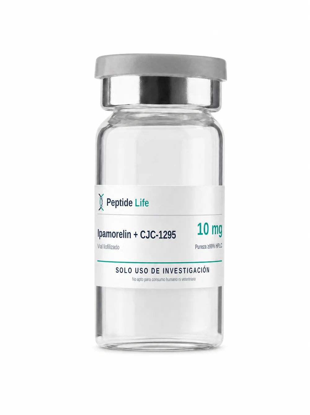 Lyophilized vial 10 mg of Ipamorelin + CJC-1295 No-DAC 10 mg — combination of secretagogue and ghrh analog designed for synergistic research on the somatotropic axis