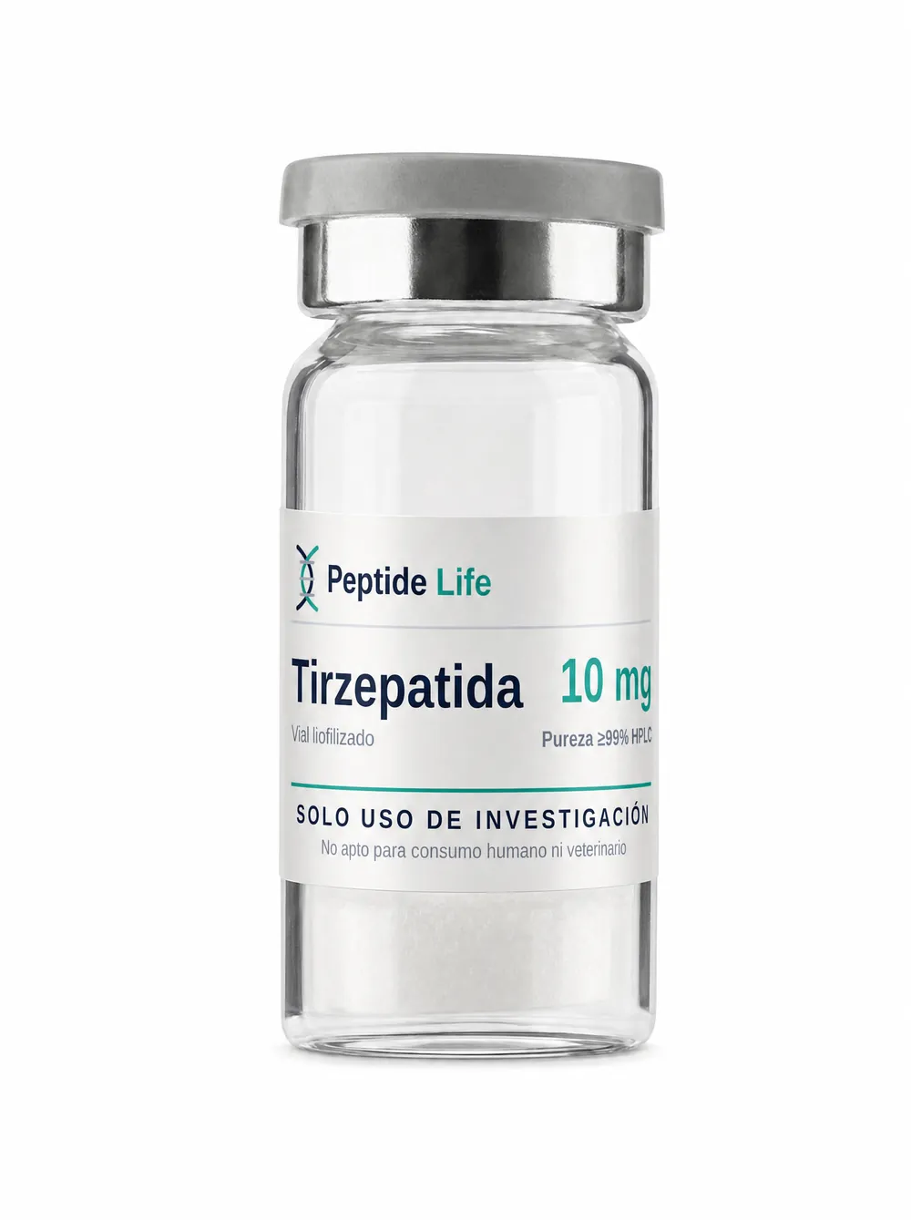 Lyophilized vial of Tirzepatide — dual GLP-1/GIP-agonist research peptide for metabolic studies